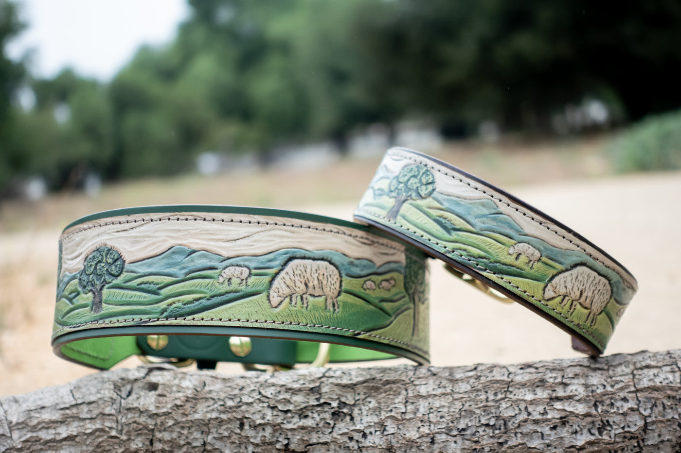 Shepherd's Meadow -  Custom tooled leather dog collar with country / farm design.