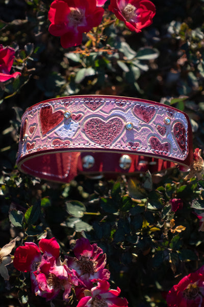 For the Love of Dogs - Valentine's Hearts dog collar. Tooled leather, Limited Edition.