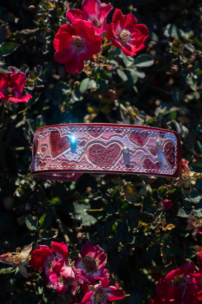 For the Love of Dogs - Valentine's Hearts dog collar. Tooled leather, Limited Edition.