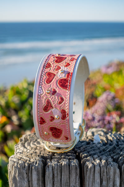 For the Love of Dogs - Valentine's Hearts dog collar. Tooled leather, Limited Edition.